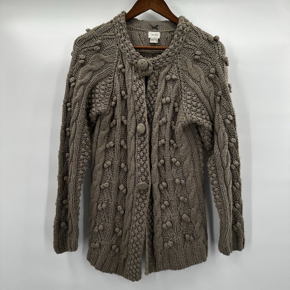 Alps Sweater‎ Womens Medium Beige Button Bobbles Chunky Cable Cardigan Wool Poms